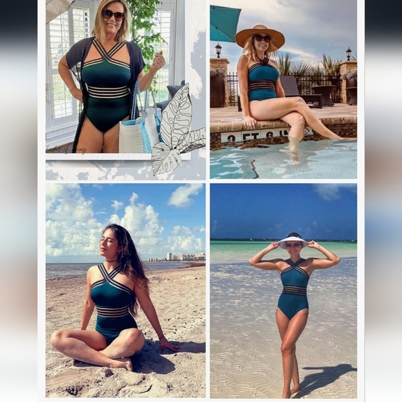 SWIMWEAR FOR WOMEN 1 PIECE TEAL TUMMY CONTROL HIGH WAISTED - Picture 3 of 7